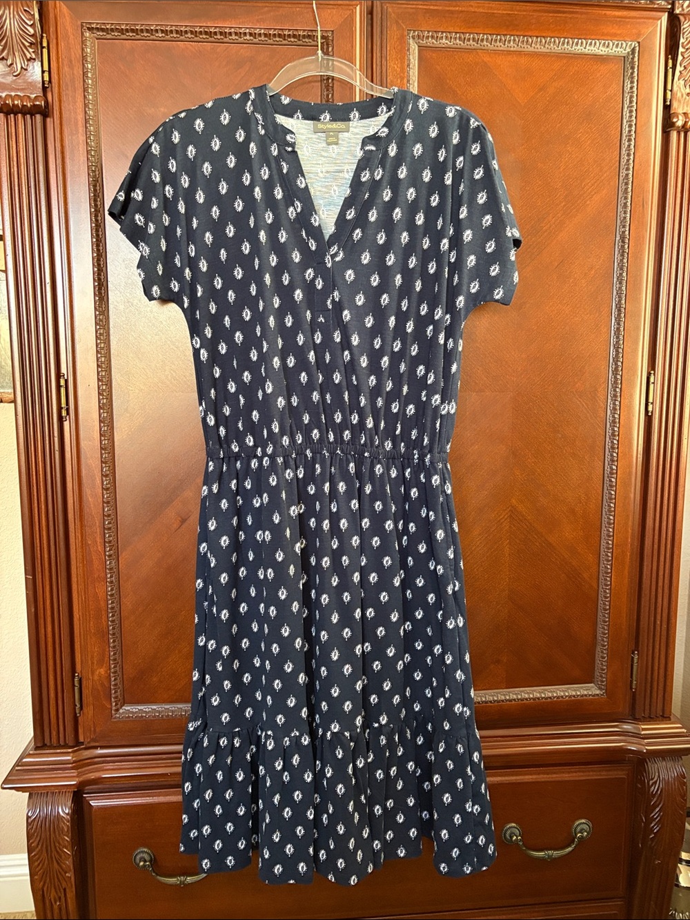 Style & Co. Navy Printed Short-Sleeve Midi Dress